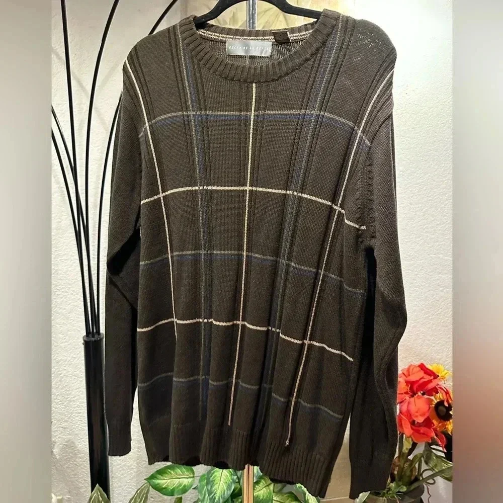 Oscar De La Renta Mens Brown/gray Check Long Sleeve Knit Pullover Sweater Size L